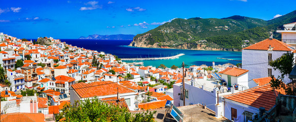 Sticker - Skopelos island, view of Chora town, northen Sporades of Greece