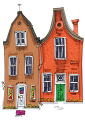 Old fashioned brick facades. Traditional vintage european architecture. Cartoon. Caricature.