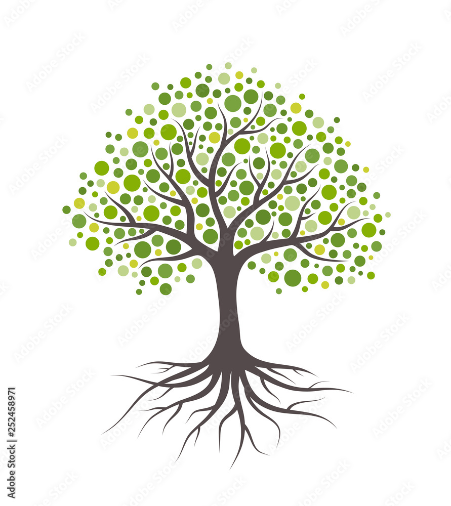 Abstract tree with roots and green round leaves. Isolated on white ...