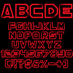 Aufkleber - Red alphabet, numbers and signs. Isolated vector objects on black background.
