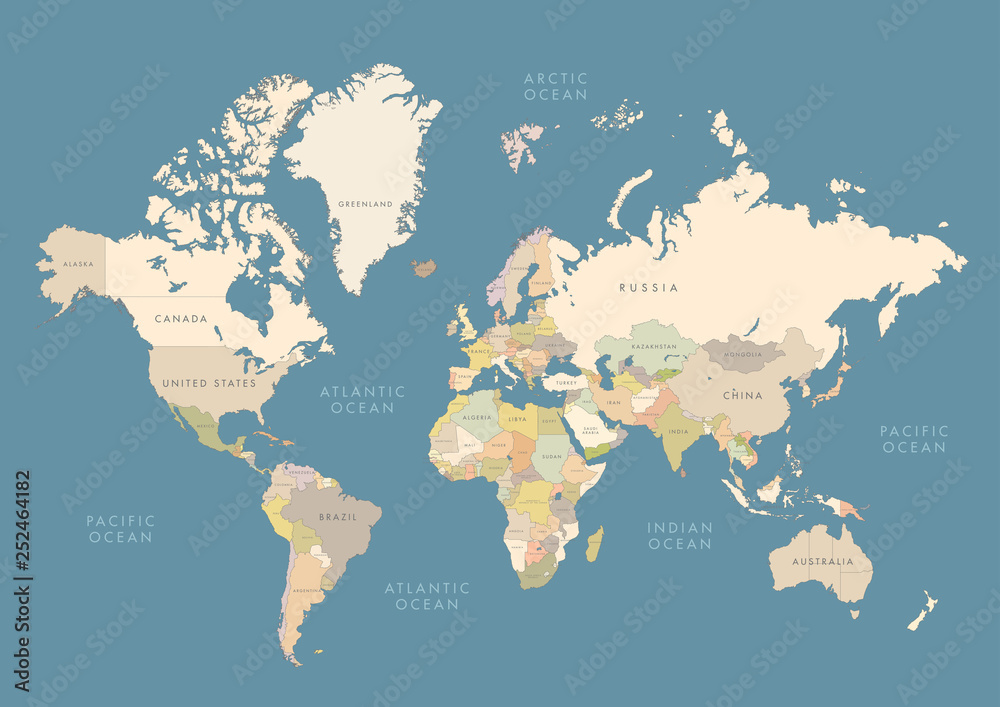 Highly detailed world map with labeling. Сountries in different color - obrazy, fototapety, plakaty 