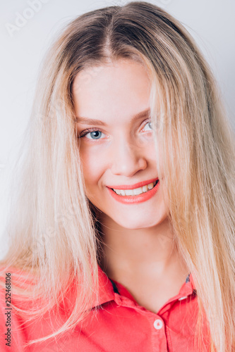 Happy Cheerful Young Woman With Clean Skin Natural Makeup Long