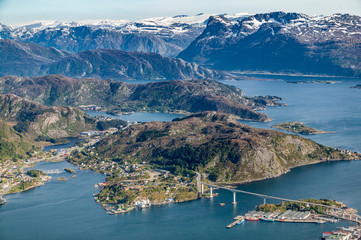 aerial landscape view on city of Måløy, port to stattlandet, the norwegian west cape, Norway