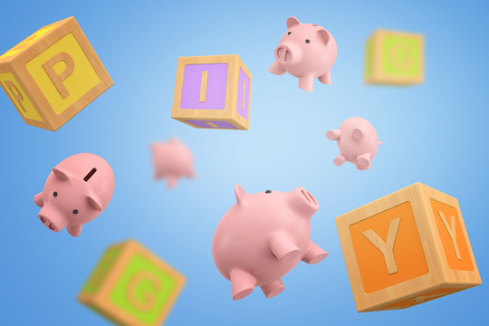 3d rendering of set of piggy banks and ABC blocks