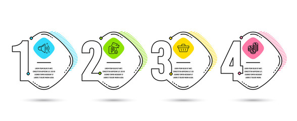 Infographic template 4 options or steps. Set of Shopping basket, Loud sound and Parking security icons. Coins sign. Sale offer, Music, Video camera. Cash money.  Process diagram, workflow layout