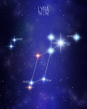 Lyra The Lyre Constellation On A Starry Space Background With The Names Of Its Main Stars. Relative Sizes And Different Color Shades Based On The Spectral Star Type.