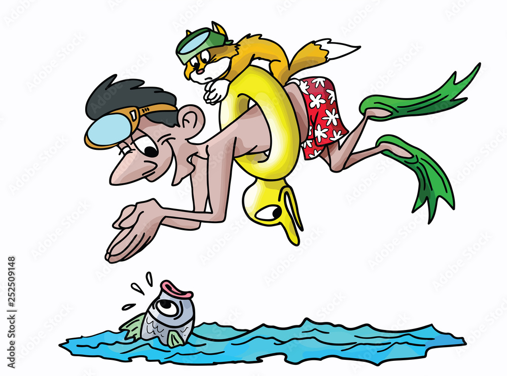 Cartoon man diving into water with his goggles on his head and his cat ...