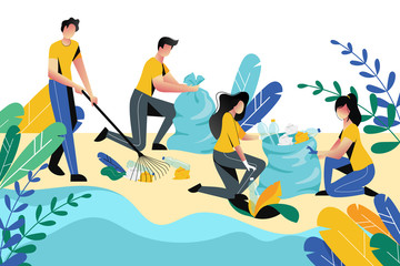 Volunteering, charity social concept. Volunteer people cleaning garbage on beach area or city park, vector illustration