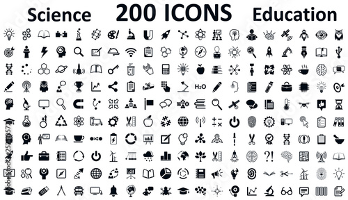 Fotomural Education, school, science and knowledge icons set, 200 illustration in flat sty
