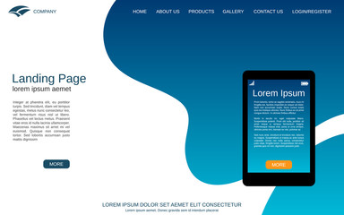 Wall Mural - website landing page design template. blue-white vector background with smartphone flat illustration