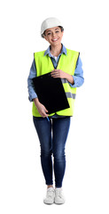 Wall Mural - Female industrial engineer in uniform with clipboard on white background. Safety equipment