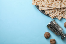 Flat Lay Composition With Matzo And Space For Text On Color Background. Passover (Pesach) Seder