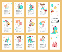 2019 Calendar Vector Template With Princess, Knight, Dragon