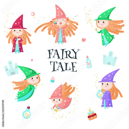 Photographie Cute little enchantress icon set vector isolated illustration