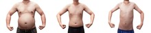 Body Evolution Of Boys To Obese Adults . Man And Young Boy Fat Isolated On White Background With Clipping Path