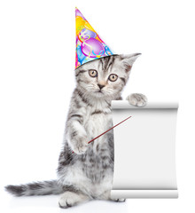 Poster - Cat in birthday hat pointing on empty list. isolated on white background