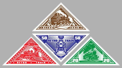 Wall Mural - Set of vector stamps templates with retro trains