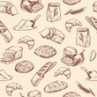 Bakery seamless pattern. Bread croissant pastries pastry wheat loaf sliced white roll drawn vintage sketch