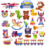 Fototapeta Dinusie - Kids toys set. Toy kid child preschool house baby game ball train yacht horse doll duck boat plane bear car pyramid