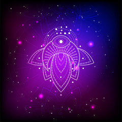 Vector illustration of mystic symbol Lotus on abstract background. Geometric sign drawn in lines. Blue and pink color.