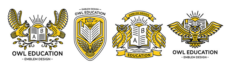 Wall Mural - owl vector emblem, illustration, logo set for education, schools, universities in linear style