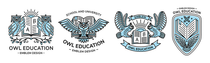 Wall Mural - owl vector emblem, illustration, logo set for education, schools, universities in linear style