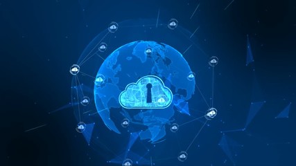 Poster - Secure global network. Digital cloud computing cyber security concept. Earth element furnished by Nasa