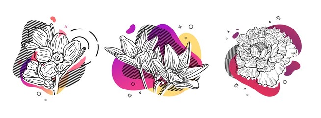 Template design set print with flower line. Poster with modern abstract gradient shape with floral blossom.  Illustration for t-shirt,  summer and spring banner.  Vector