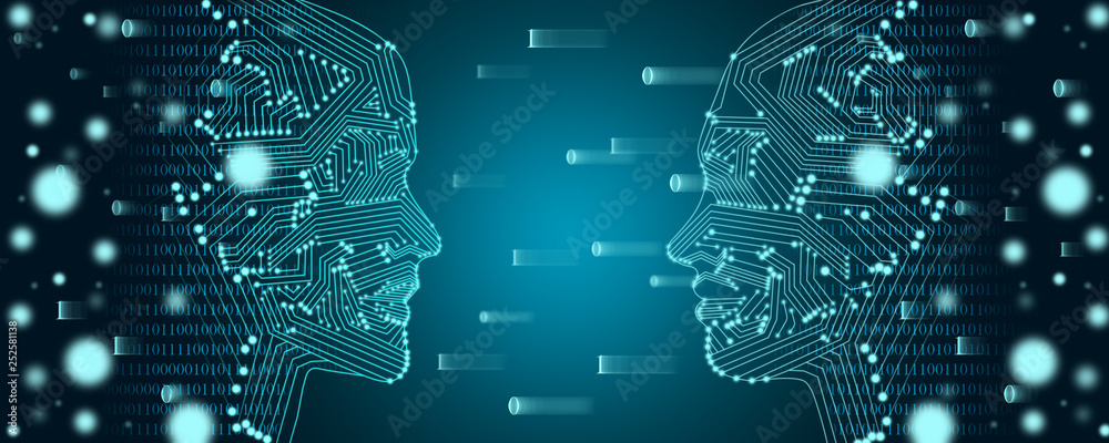 Big data and machine learning concept. Two faces outline with binary ...