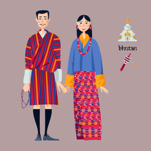 Bhutan. Couple In Traditional National Clothes.