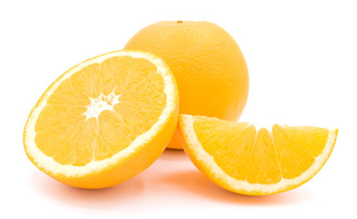 Top view of textured ripe slice of orange citrus fruit isolated on white background. 