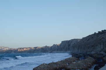 Santorini black beach panorama view