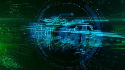Big data analytics and digital computing 3D animation. Technology abstract concept on binary background.
