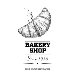 Bakery shop poster. Fresh baked croissant hand drawn sketch style. Traditional morning breakfast product. Vector illustration for menu design, labels and packaging. Isolated on white background.