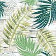 Palm leaves on white background seamless pattern. Tropical plants hand drawn. Watercolor. Summer trendy natural background for prints and fabrics. Great pattern for bed linen.