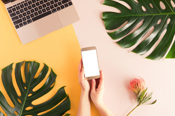 Female workspace with mobile phone in woman hands, computer, summer flowers and leaves on colorful pastel background. Flat lay of women's office desk. Top view feminine summer bright background.