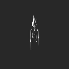 Silhouette Of A Single Burning Candle In A Hipster Style As A Symbol Of Grief And Sorrow, Black And White Illustration In A Minimalist Style, An Idea For A Grunge Tattoo Or Sticker