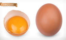 Whole Chicken Egg And Broken Egg With Yolk. 3d Realistic Vector Icon Set