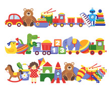 Toys Pile. Groups Of Children Plastic Game Kids Toys Elephant Teddy Bear Train Rocket Ship Doll Dino Vector Set