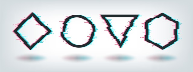 Poster - Glitch effect frames. Digital distorted minimal shape, circle triangle rhombus hexagon square tv distortion logo. Vector glitch set