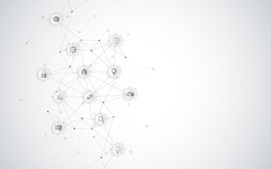 Technical abstract background with connecting dots and lines. Digital technology and communication concept with flat icons.