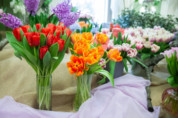 Wall Mural - Red and orange tulips in vases, flower show, spring summer background, congratulations