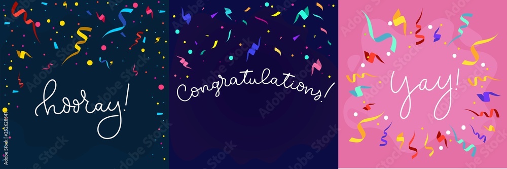 Set of banners in flat style with confetti and lettering. Congratulations design template with ribbons in flat style. Hooray lettering with decorative elements. Vector greeting banners set. - obrazy, fototapety, plakaty 
