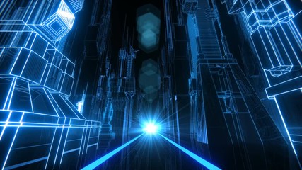 Wall Mural - 80s style cyber neon grid city 3D seamlessly looping animation