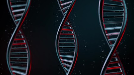 Poster - Metal blue red 3d render abstract background with glass DNA helix. Medical concept. Metall reflective material.