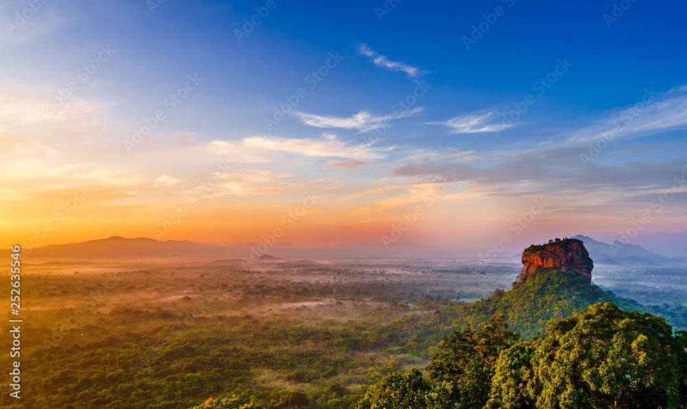 Sunrise view to Sigiriya rock - Lion Rock - from Pidurangala Rock in Sri Lanka - obrazy, fototapety, plakaty 