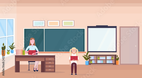 Woman Teacher Sitting At Desk Schoolgirl Reading Book Education