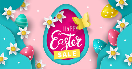 Wall Mural - Easter holiday sale banner design with paper cut flowers  and easter eggs background.