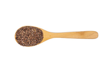 Flax seeds, linseed pile with wooden spoon isolated on white background.Organic food concept