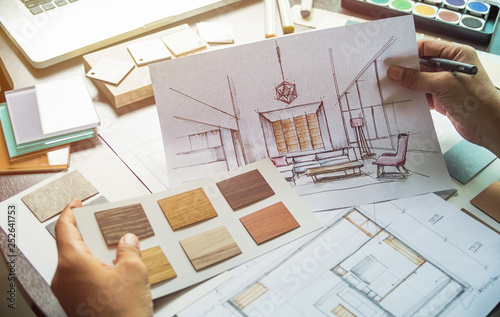 Architect Designer Interior Creative Working Hand Drawing Sketch Plan Blue Print Selection Material Color Samples Art Tools Design Studio Buy This Stock Photo And Explore Similar Images At Adobe Stock